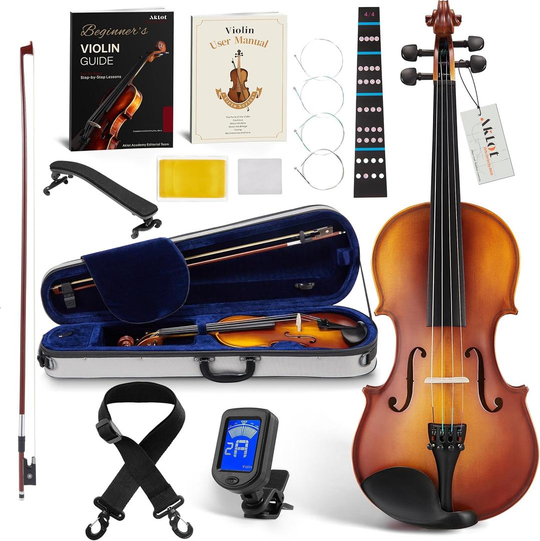 AKLOT Handcrafted Full Size Violin: 4/4 Solid Wood Fiddle, Acoustic Beginner Violin Kit with Hard Case, Lesson Book, Bow, Rosin, Shoulder Rest, Extra Strings, Tuner, Fretboard Stickers (VRT-AmiCS)