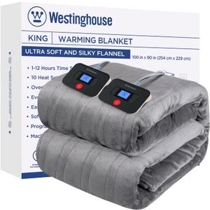 Westinghouse Electric Blanket King Size, Super Cozy Soft Flannel 100"" x 90"" Heated Blanket with 10 Fast Heating Levels & 1-12 Auto-Off, Machine Washable, ETL&FCC Certification, Light Grey