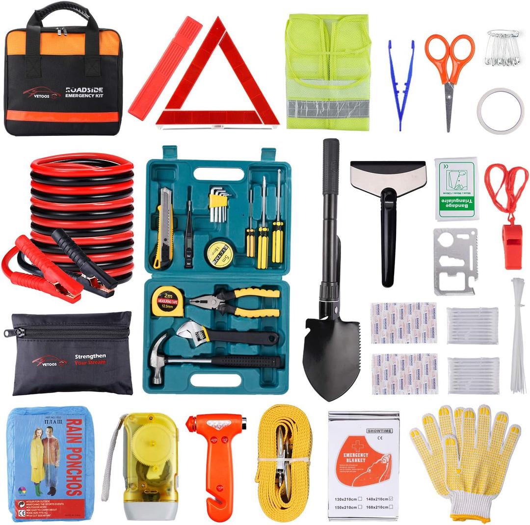 Vetoos Car Roadside Emergency Kit with Jumper Cables, Auto Vehicle Safety Road Side Assistance Kits, Winter Car Kit Essentials for Women and Men, with Car Repair Tool Set, Folding Survival Shovel