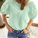 BETTE BOUTIK Women's Long Short Sleeve Tops 2025 Dressy Casual Button Hollow Out Lace Embroidered Blouses Shirts (Light Green)