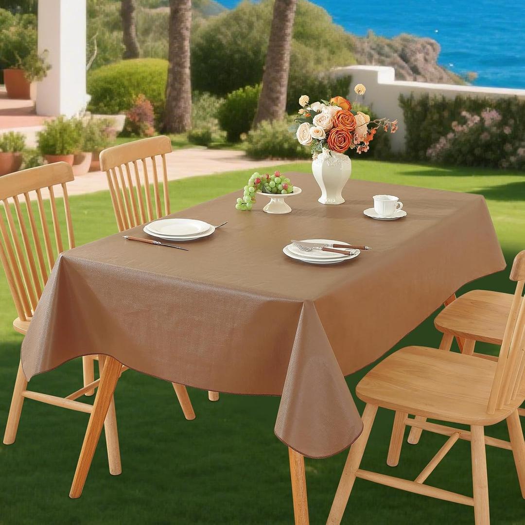 Rectangle Tablecloth Wipeable Vinyl Tablecloths with Flannel Backing, Plastic Outdoor Oil-Proof Waterproof Table Cover, Both Indoors and Outdoors. (Dark Coffee, 60" x 84")