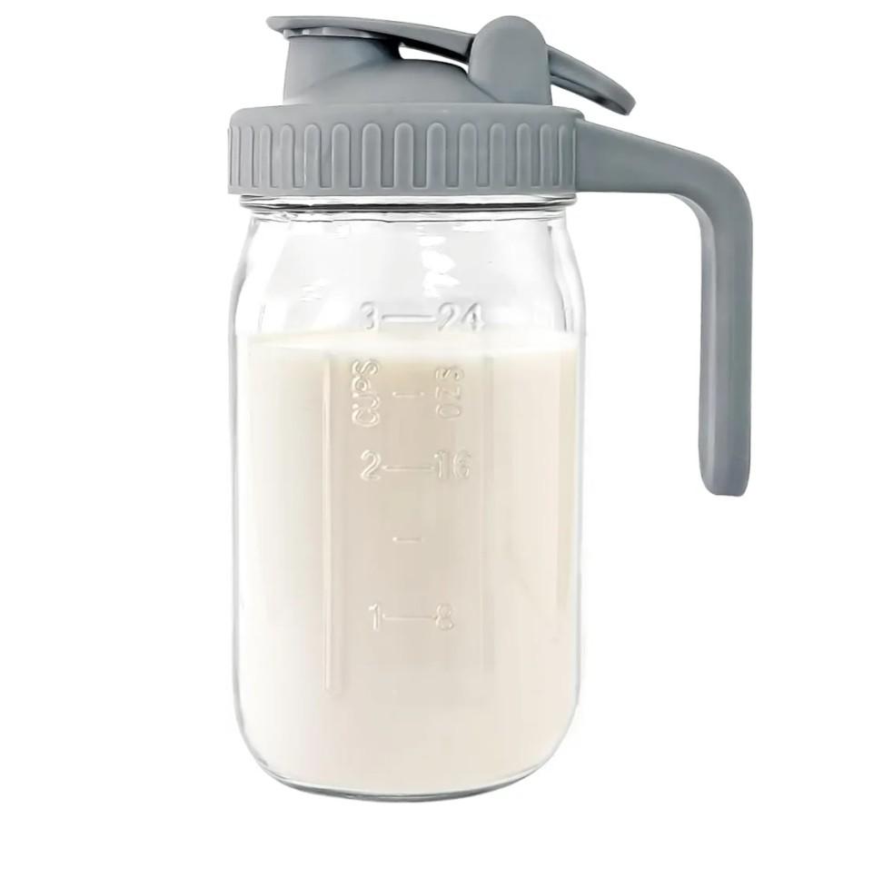 Breast Milk Pitcher Jug - 32 oz Glass Mason Jar Airtight Pitcher with Pour Spout Handle for Breastmilk, Iced Tea, Ice Drinks Storage Container, Gray
