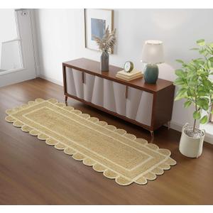 GRUHUM Scalloped Jute Runner Rug 2.6x10 ft Natural Off White Trim Handwoven Reversible Soft Braided Farmhouse Runner Rug -Home Decor Indoor EcoFriendly Living Room Bedroom Kitchen Hallways Enterways