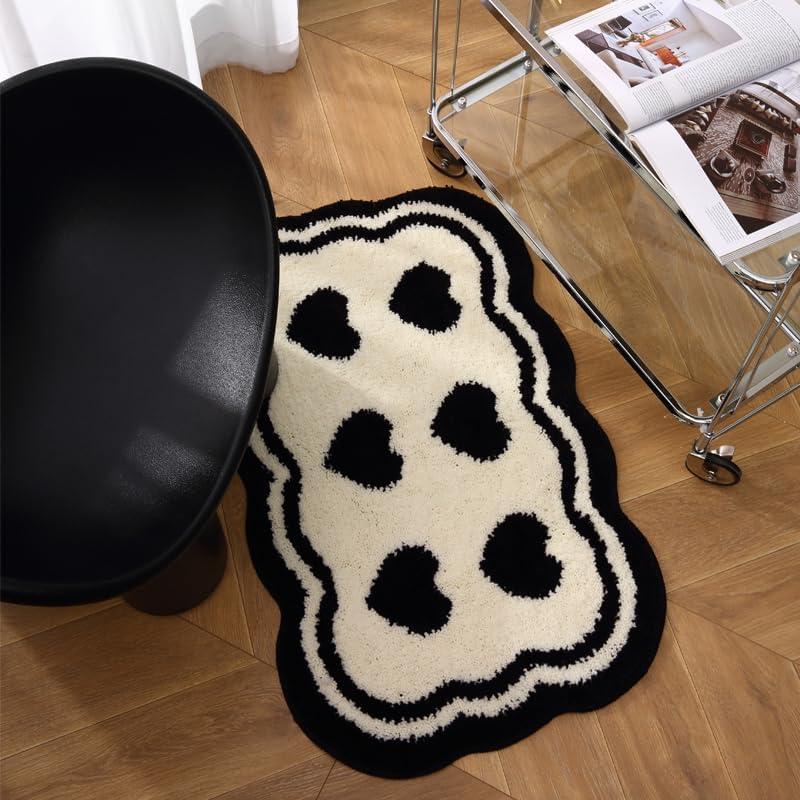 Bathroom Modern Rugs Non-Slip Black with White Mats Funny Heart Design Washable Bath Rugs Microfiber (Double Heart, 2'x1'4")