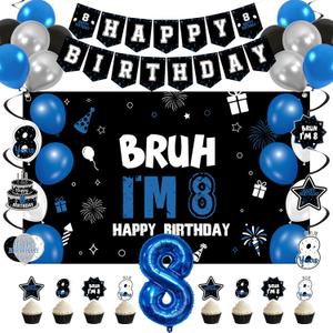 Vlipoeasn 8th Birthday Decorations Set for Boys Girls, 35PCS Black Blue 8 Year Old Birthday Backdrop Banner, Bruh I'm 8 Party Supplies
