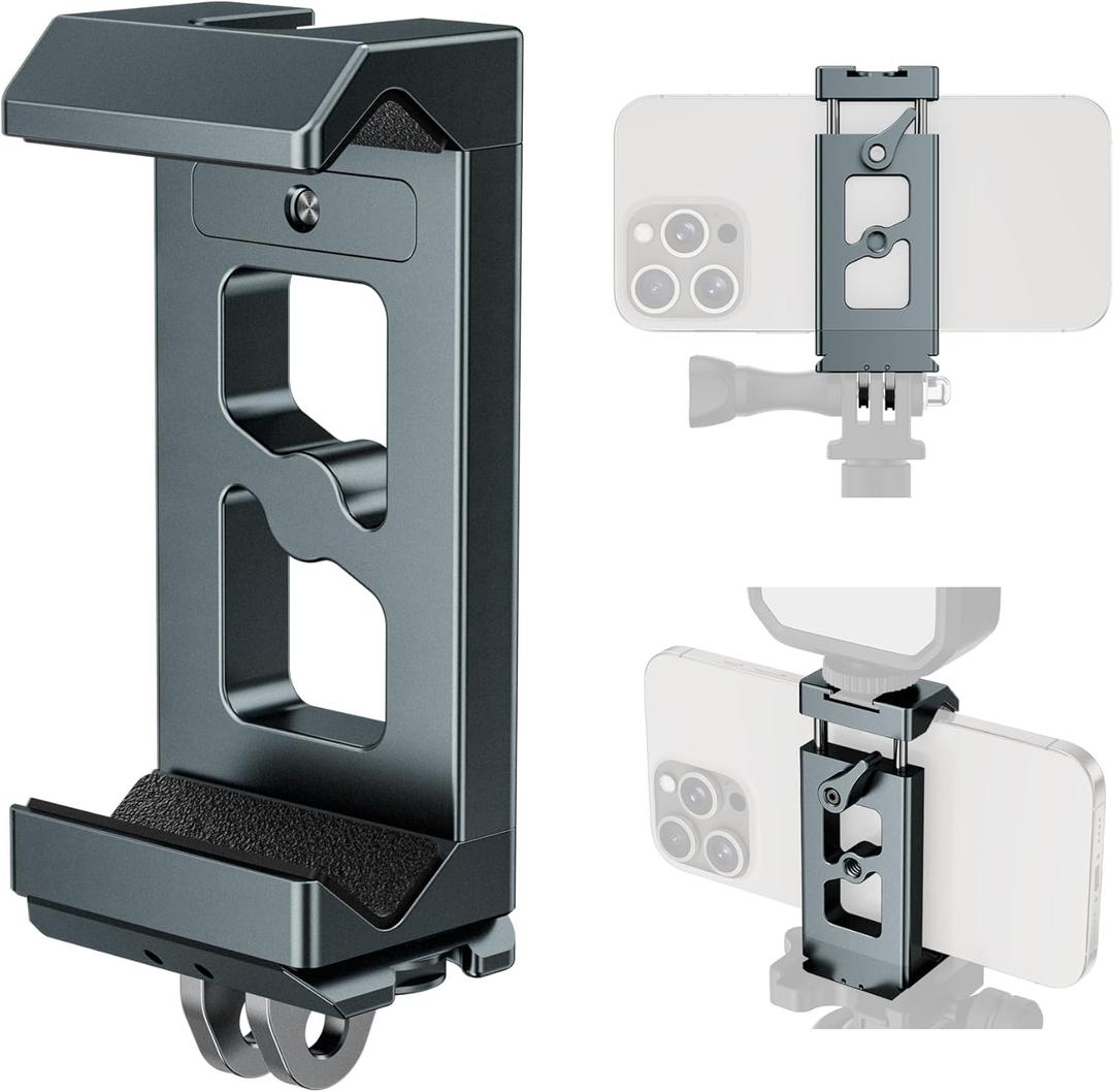 Metal Phone Tripod Mount Arca Port & Action Camera Adapter, Adjustable Smartphone Tripod Adapter Clamp Cell Phone Stand Holder Compatible with iPhone Plus PRO Max GoPro Samsung Galaxy Motorola Pixel