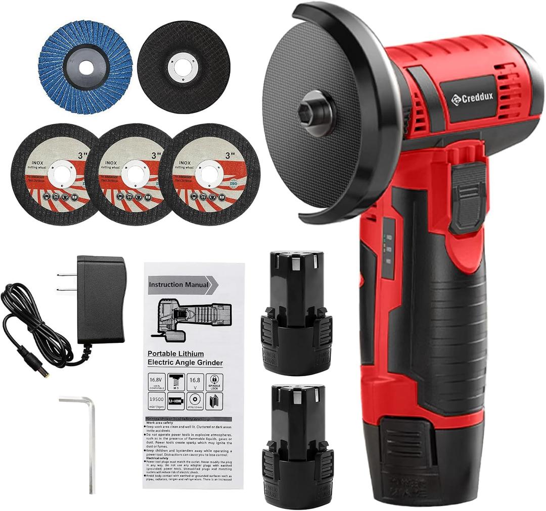 Cordless Angle Grinder, 3 Inch Mini Angle Grinder Tool With 2pcs 16.8V 2000mAh Batteries and 5 Grinding Wheel,19500rpm Metal Grinders for Cutting, Grinding and Polishing Red