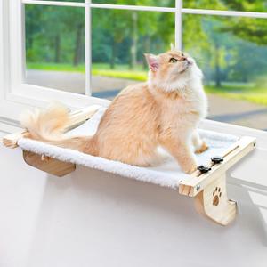 AMOSIJOY Cat Sill Window Perch Sturdy Cat Hammock Window Seat with Wood & Metal Frame for Large Cats, Easy to Adjust Cat Bed for Windowsill, Bedside, Drawer and Cabinet (21.7''L x 15''W) White