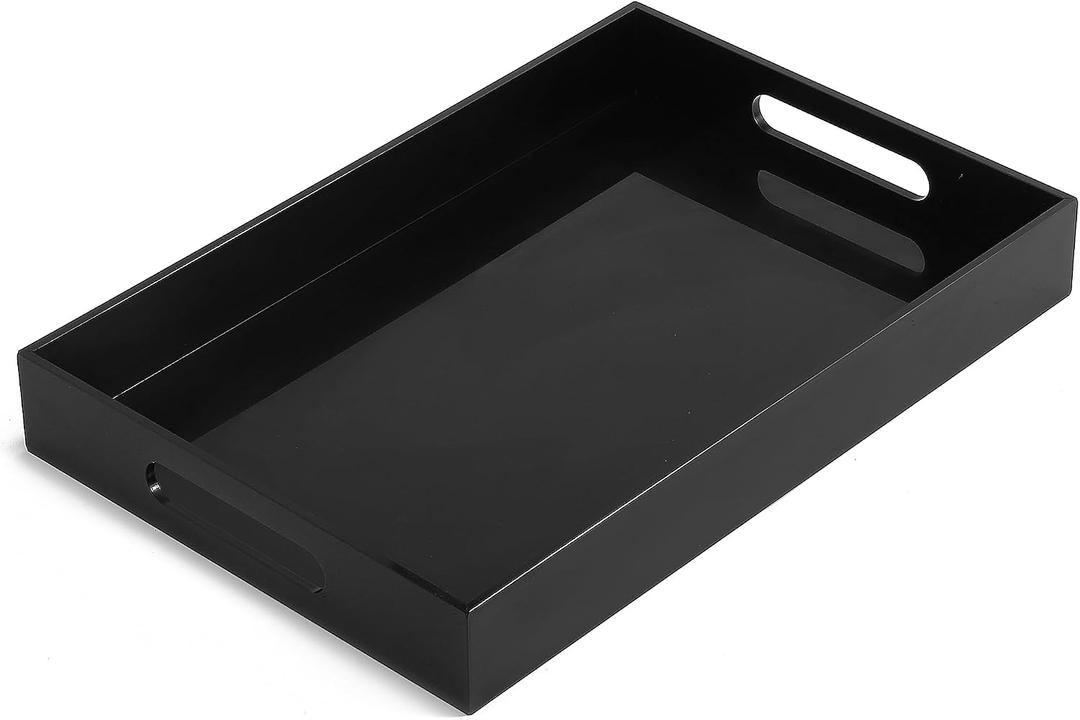 BEYLANG Glossy Black Sturdy Acrylic Serving Tray with Handles-12x20Inch-Serving Coffee,Appetizer,Breakfast,Butler-Kitchen Countertop Tray-Makeup Drawer Organizer-Vanity Table,Ottoman Tray-Decorative
