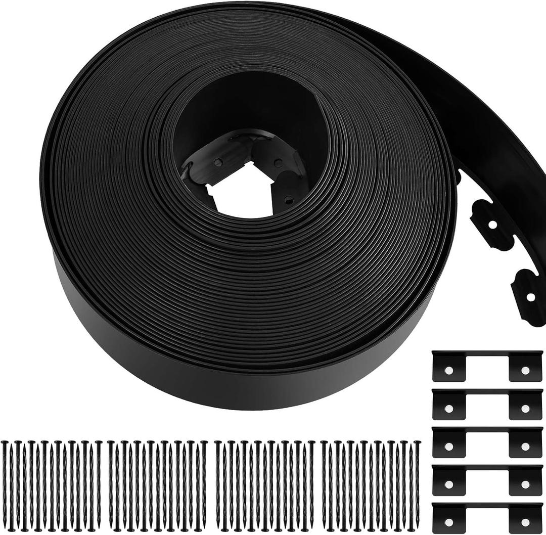5'' x 100' Landscape Edging Kit Plastic Garden Edging Border Coil Include 90 Anchoring Spikes for Lawn Garden Grass Yard Home School, Black