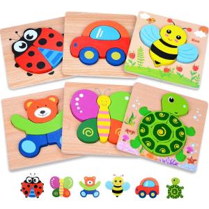 MAGIFIRE Wooden Puzzles 12-18 Months - Multicolor Set of 6 Animal & Vehicle Shapes with Storage Bag - Montessori Chunky Puzzles for Toddlers Ages 1-3 & Hand-Eye Coordination (6 Pack - Ladybug, Car, Bee, Bear, Butterfly,Turtle)