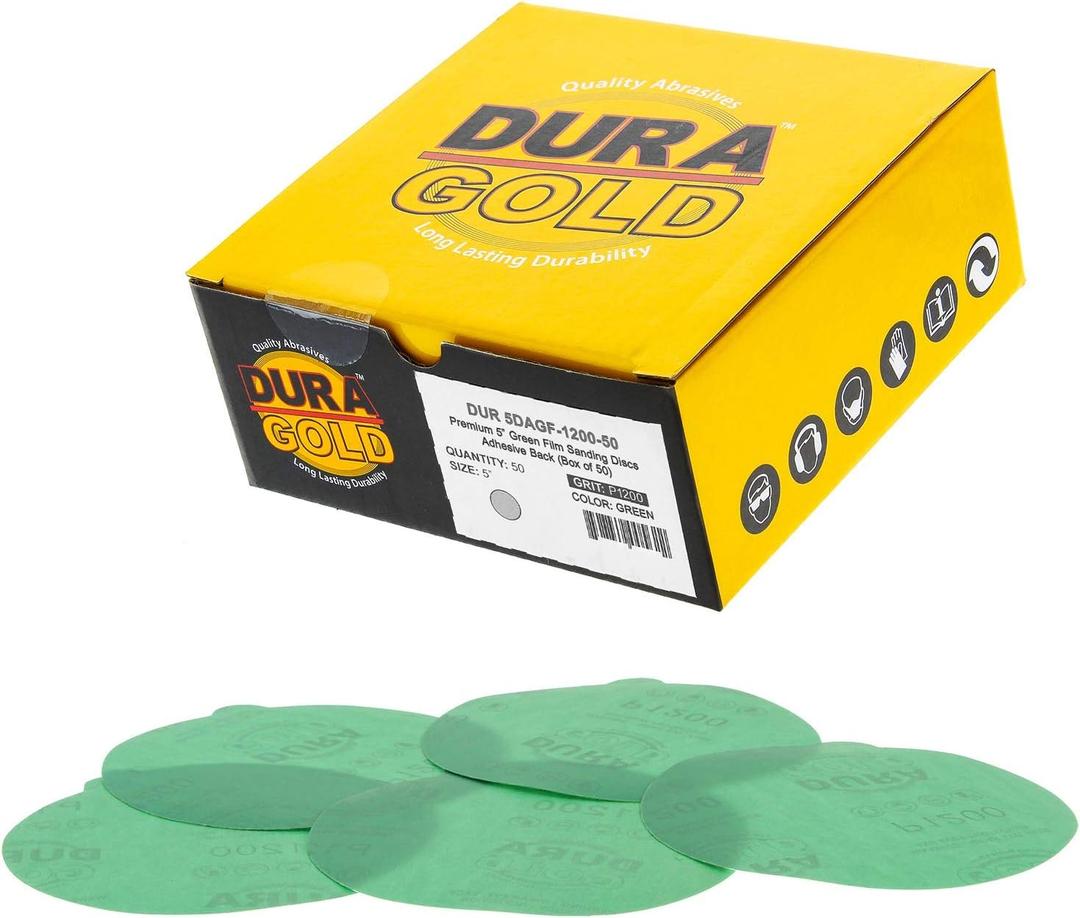 Dura-Gold Premium 5" Green Film PSA Sanding Discs - 1200 Grit (Box of 50) - Film Back Self Adhesive Stickyback Sandpaper Discs for DA Sander, Finishing Abrasive, Sand Automotive Paint Woodworking Wood