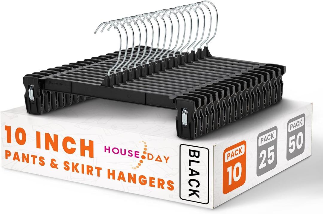HOUSE DAY Pants & Skirt Hangers - 10 Pack Pants Hangers with Non-Slip Big Clips - Closet Hangers for Shorts, Shirts, Jeans, Slacks, Clothes, Clothing - Durable, Slim & Space Saving, Black - 10 Inch