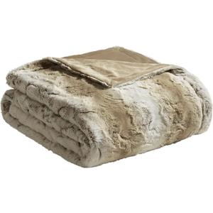 Madison Park Zuri Soft Plush Luxury Oversized Faux Fur Throw Animal Stripes Design, Faux Mink On The Reverse, Modern All Seasons Blanket for Bed, Sofa Couch, Office, Sand, 60x70"
