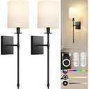 14.5 Inch Black Battery Operated Wall Sconces Set of 2, Rechargeable Wireless Wall Lights with Remote & White Fabric Shade, Indoor Not Hardwired Dimmable Wall Lamps for Bedroom, 2 Bulbs Included
