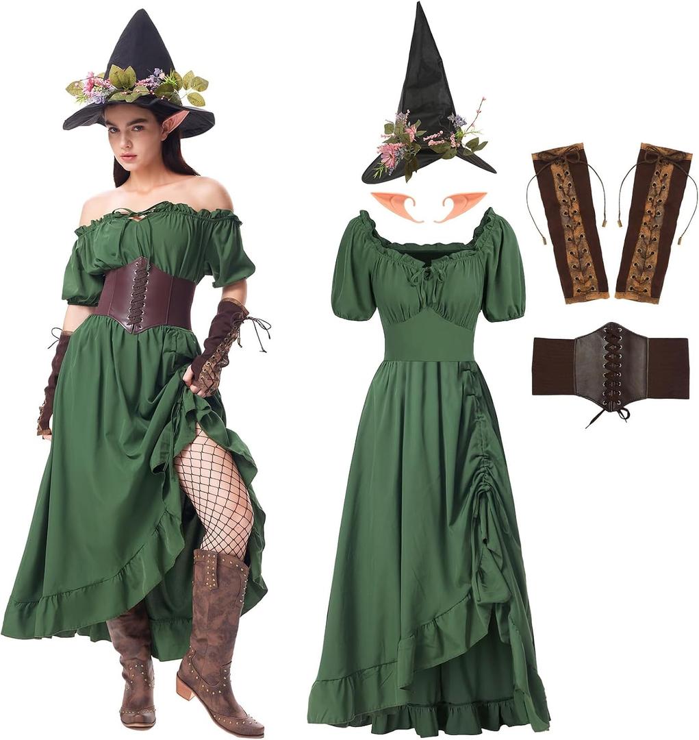 5PCS Renaissance Fairy Costume Women Medieval Elf Dress Green Victorian Witch Dress Ren Faire Outfit for Halloween, Large