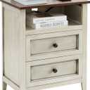 Nightstand with Charging Station, 20 Inch Wide Farmhouse End Table with 2 Drawers Storage, Mid Century Modern Night Stand for Bedroom, Antique White