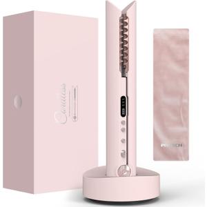 Travel Flat Iron Cordless, Mini Hair Straightener and Curler for On The Go, Portable Size USB-C Rechargeable Grey Straightening Iron PRITECH Pink