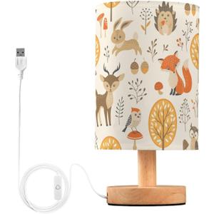Oarencol Bedside Table Lamp Woodland Animals Nightstand Lamp with Wood Fox Owl Deer Buuny Trees Leaves Desk Lamps for Bedroom Living Room Nursery Office Home Decor (multi 4)