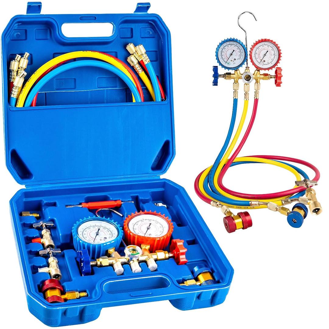 Luney 3 Way AC Gauges Set, AC Manifold Gauge Set for R134a R12 R22 R502 Refrigerant with 4FT Flameproof Hoses & Adapter, Puncturing & Self Sealing Can Tap Freon Charge Kit()