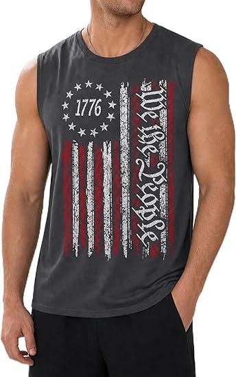 Bwlizfuz Men’s We the People 1776 Patriotic Muscle Tank Top, Gray American Flag Graphic 4th of July Sleeveless Distressed Vintage Style Gym Workout Athletic Fit USA Crew Neck Memorial Day Shirt M