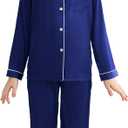 Veseacky Kids Summer Pajama Set Soft Satin Button Top and Pj Long 2-Pieces Sleepwears Set (Blue,8y 9y)