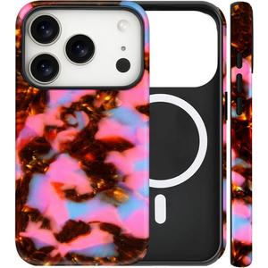 Magnetic for iPhone 17 Pro Case Cute Tortoise Shell Phone Case, Leopard Print Shockproof Slim TPU and Hard PC Protective Cover Fit for MagSafe Designed for Women Girls, Pink Amber