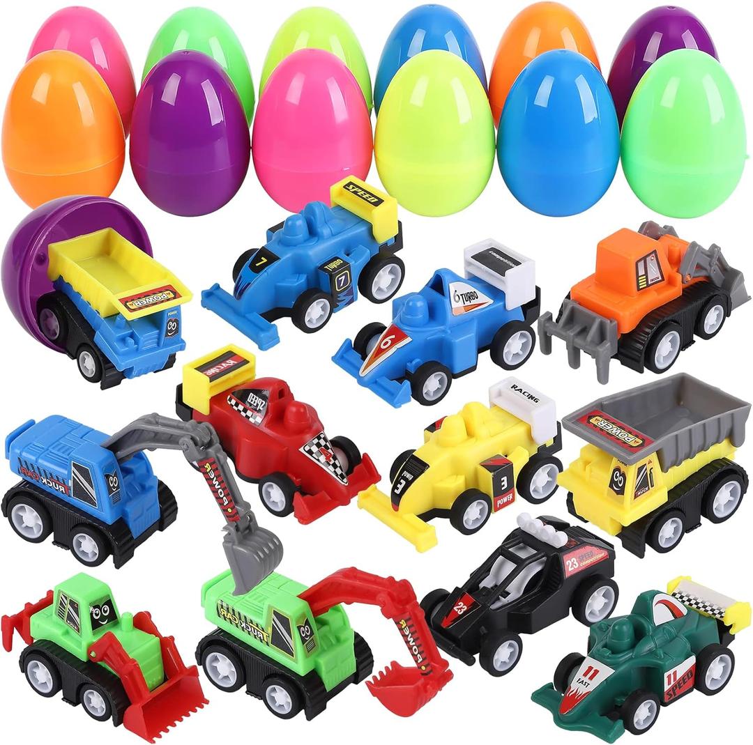 12 Pcs Easter Eggs Prefilled with Pull Back Cars for 3-6 Year Old Boys, Pull Back Construction Vehicle and Race Car for Easter Party Favors, Easter Basket Stuffers, Easter Egg Fillers,Easter Eggs Hunt