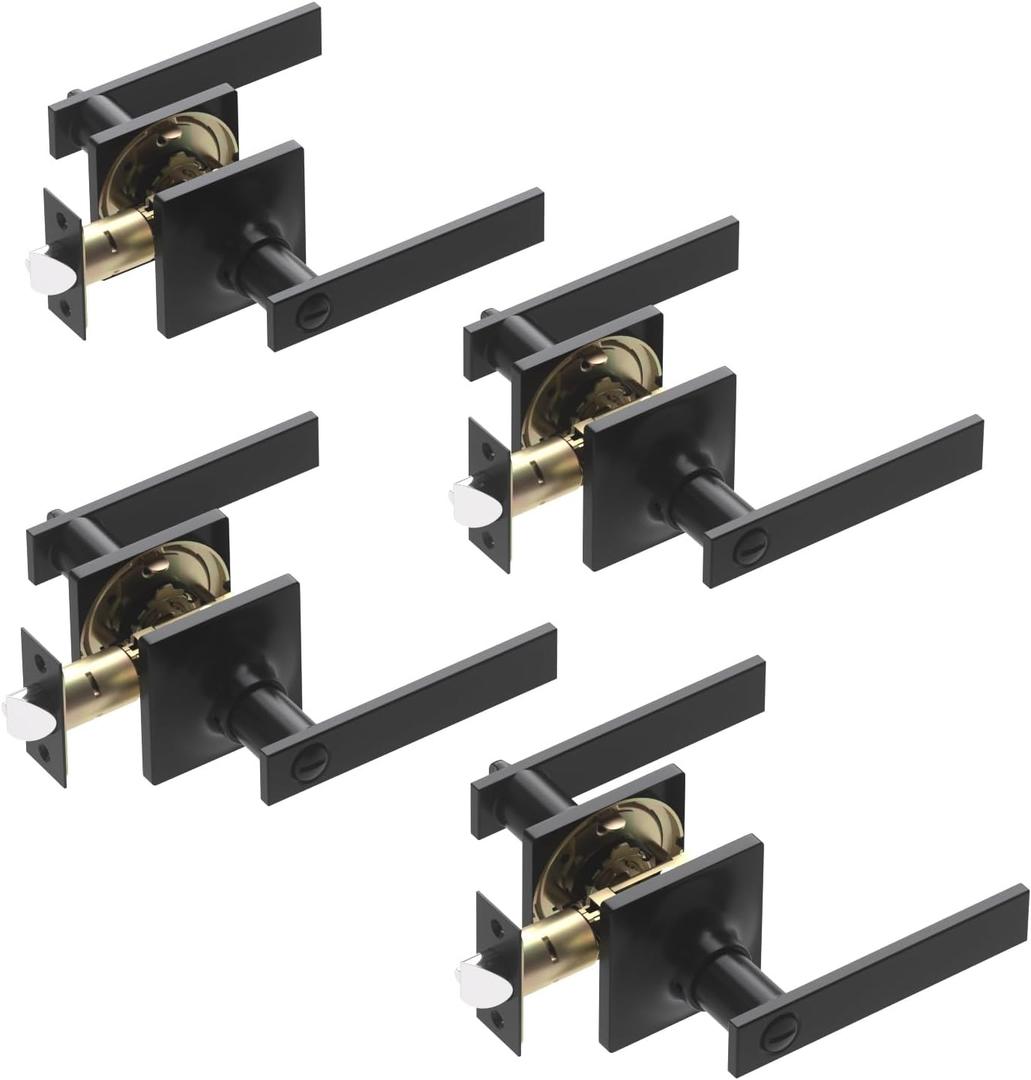 Privacy Door Levers, 4 Pack Matte Black Door Handles Keyless Interior Door Knobs Square Door Levers Heavy Duty Door Locks for Bedroom Bathroom