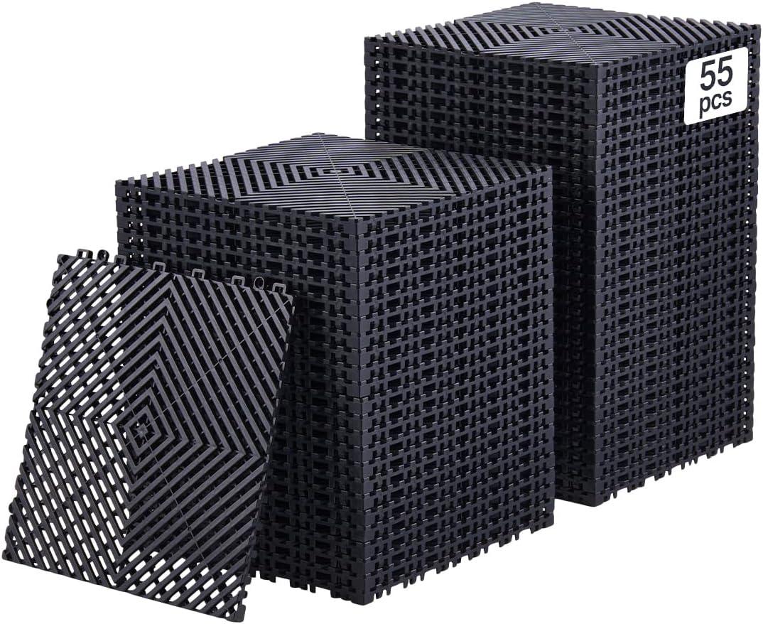 VEVOR Interlocking Drainage Mat, 12” x 12” Modular Interlocking Cushion, 55 Pcs Splicing Drainage Mats, Non-Slip Black PP Drainage Floor Tile and Shower Mat, for Garage, Garden, Kitchen & Outdoor