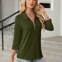 TICTICMISS Women's 3/4 Length Sleeve Tops Collared V Neck T Shirts Polo Zipper Summer Shirts (Green, S)