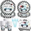 Race Car 1st Birthday Party Supplies - Fast One Plates And Napkins Decorations Boys Tableware, Plate, Cup, Napkin, Fork, Blue Race Car One-Year-Old Decorations | Serve 24
