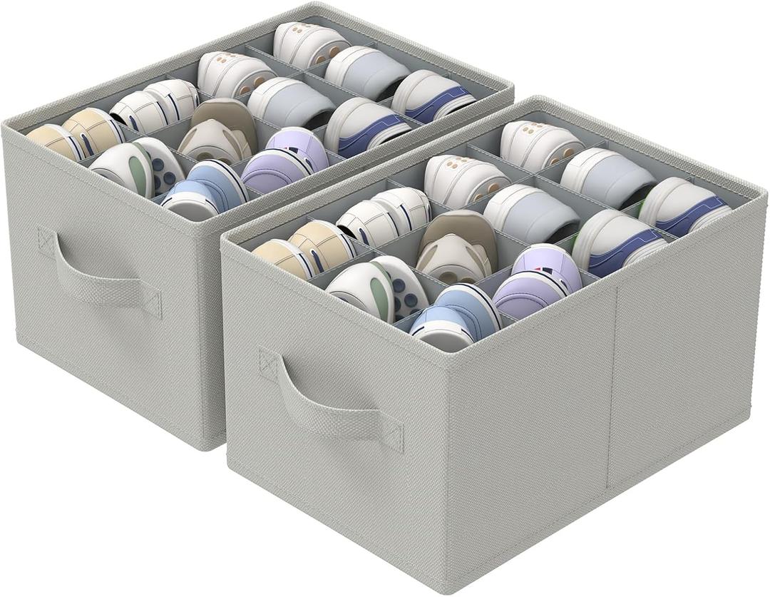 GUOHNHE 2 Pack Shoe Organizer for Closet, Fits Up to 24 Pairs, Foldable Space-saving Storage Container Bins with Reinforced Handles, 16.5 x 12.6 x 10.2 In, Grey, XSNX02G-2