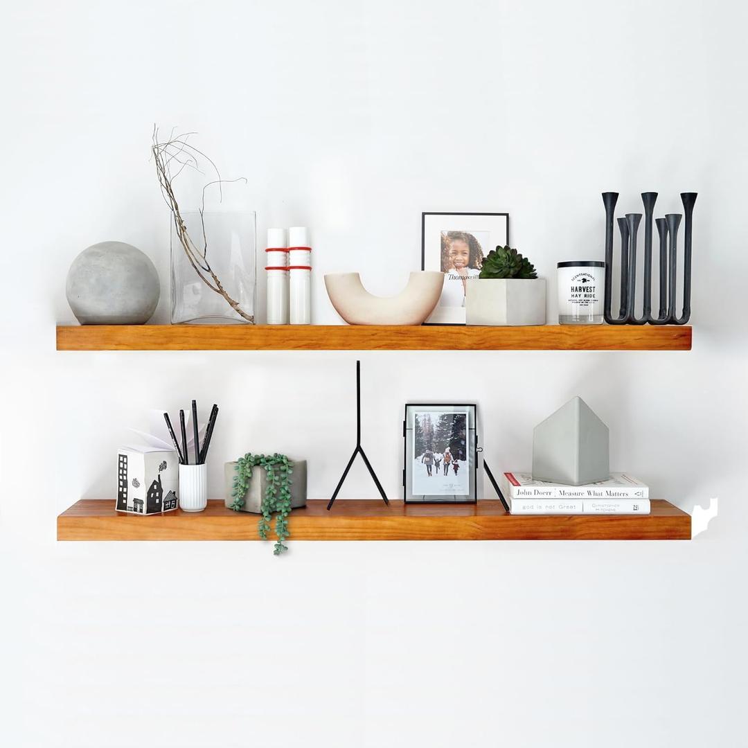 Homeforia Oak Floating Shelves for Wall, Premium Solid Wood Shelf, Oak Bathroom Shelves, Heavy Duty Bracket, 42 x 6.5 x 1.75 inch, Set of 2