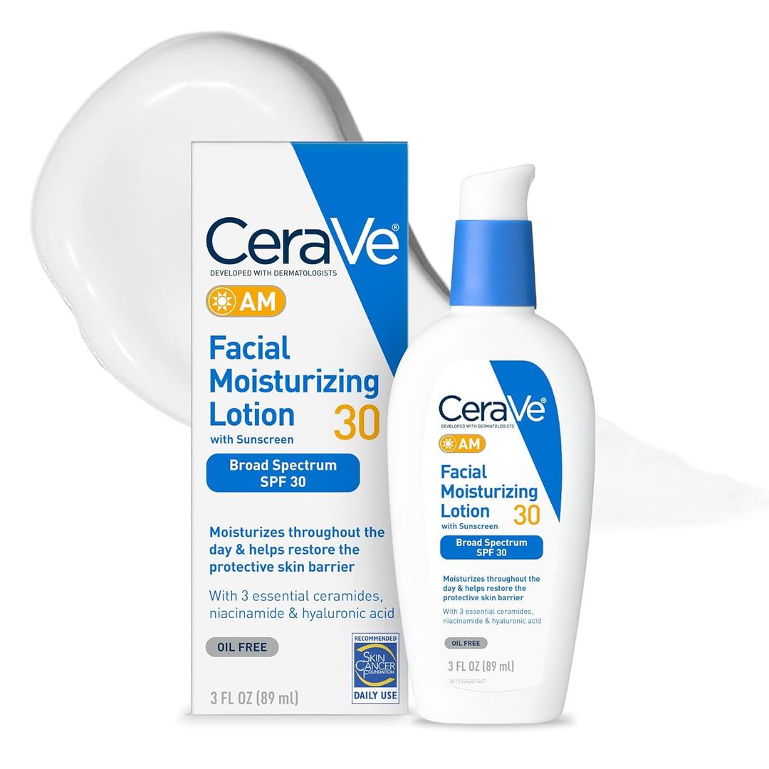 CeraVe AM Facial Moisturizing Lotion with SPF 30, Oil-Free Face Moisturizer with SPF, Formulated with Hyaluronic Acid, Niacinamide & Ceramides, Non-Comedogenic, Broad Spectrum Sunscreen, 3 Ounce (3 Fl Oz (Pack of 1))