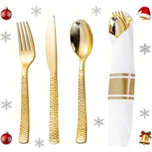 WELLIFE 50 Pack Gold Plastic Silverware with Pre Rolled Napkins,Hammer Pattern Design,Plastic Cutlery Includes: 50 Forks,50 Knives,50 Spoons,50 Napkins,Gold Silverware Disposable for Christmas