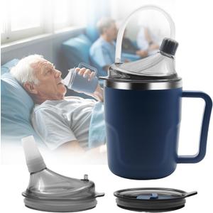 Adult Sippy Sup for Elderly 13.5oz Stainless Steel Spill Proof Cup with Straw, 3 in 1 Elderly Sippy Cup with 2 Lids, Suitable for Seniors Disabled Patients Limited Mobility