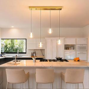 Brushed Gold 4 Lights Pendant Lights Kitchen Island Modern, Crystal Globe Hanging Dining Room Lights Over Table, Rectangular Chandeliers Over Sink for Living Room Hallway Bedroom