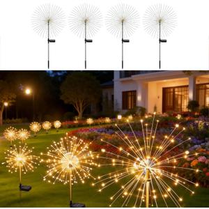 Solar Fireworks Lights for Outside, 150LED 8 Modes Fireworks Solar Lights Outdoor, Fairy Garden Flowers Lights for Yard Pathway Wedding Party Christmas Diwali Garden Decor 4Pack (Warm White)