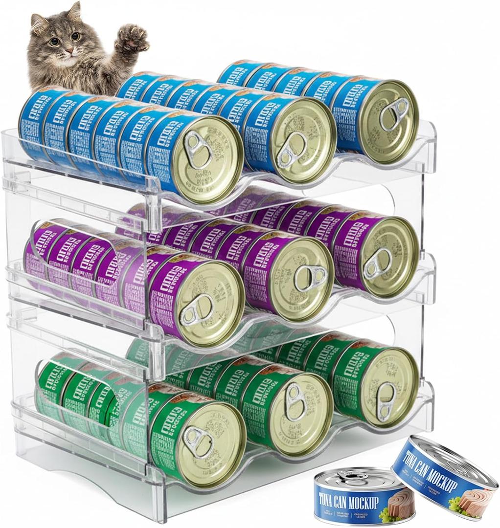 Cat Food Can Organizer, Can Organizer for Pantry, 3-Tier Cat Food Storage Container, Acrylic, Holds 45 (3oz) Cans, Kitchen Organizers and Storage for Countertop, Clear