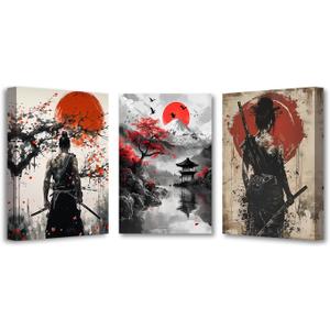 PBXBJY 3 Pieces Samurai Canvas Wall Art Japan Samurai and Full Moon Pictures Japanese Theme Painting Print Bushido Posters Decor Frame (24x36inchx3Pcs)