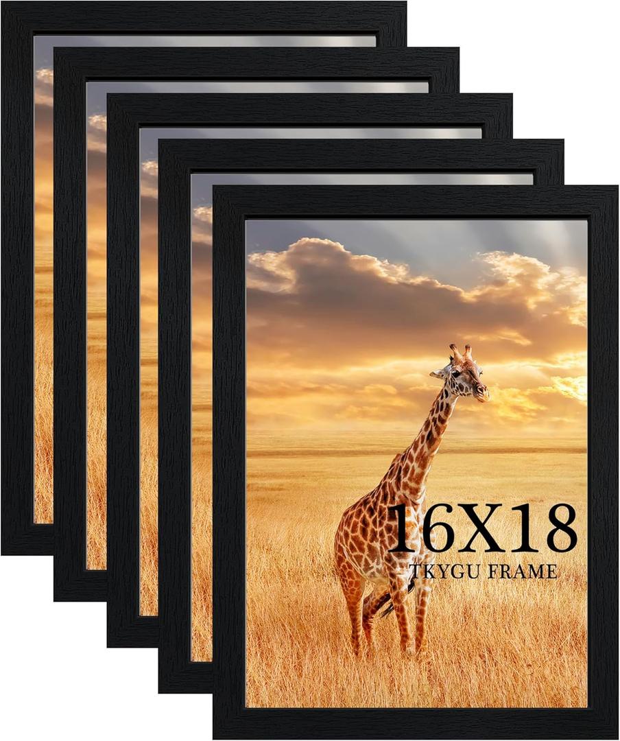 16x18 Picture Frame Set of 5, Wooden Frame Black for 16x18 Inch Picture Poster Photo with Durable Shatter Resistant Plexiglass,Wall Gallery Poster Photo frame 18 by 16 Frame for Wall best gift