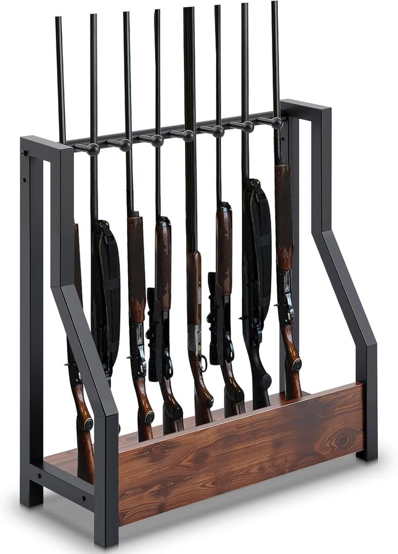 Leinuosen Indoor Gun Racks Rifle Rack Floor Stand Holds up 8 Long Guns Heavy Duty Metal Gun Storage with Wooden Base Adjustable Height for Home Garage Retail Shop