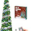 6 FT Pop Up Christmas Tree with 100 LED Timer Lights & Remote, Green Collapsible Christmas Tinsel Tree Artificial Pencil Tree Xmas Decoration for Holiday Home Office Party, USB Powered