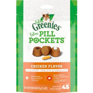 Greenies Feline Pill Pockets for Cats Natural Soft Cat Treats, Chicken Flavor, 1.6 oz. Pouch (45 Treats)
