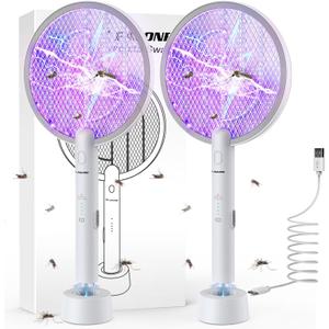 PALONE Electric Fly Swatter 3000V Bug Zapper Racket 2 in 1 Fly Swatter with 1200mAh Battery Rechargeable Mosquito Killer Lamp with 3 Layers Safety Mesh for Indoor and Outdoor (2 Pack)