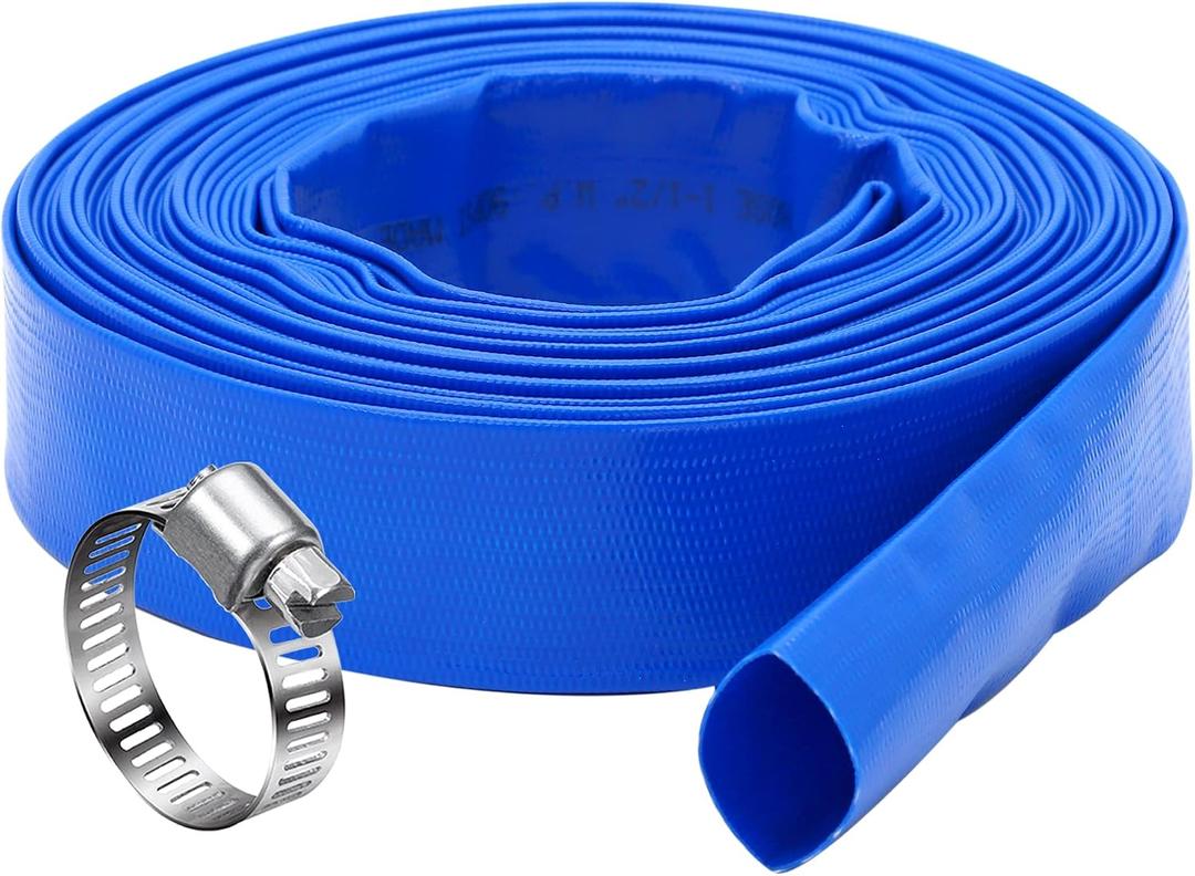 DAVCO 1.25" x 50 ft Pool Backwash Hose, Heavy Duty Reinforced Blue PVC Lay Flat Water Discharge Pump Hoses For Swimming Drain Pools and Clean Filters,with 1 Clamp