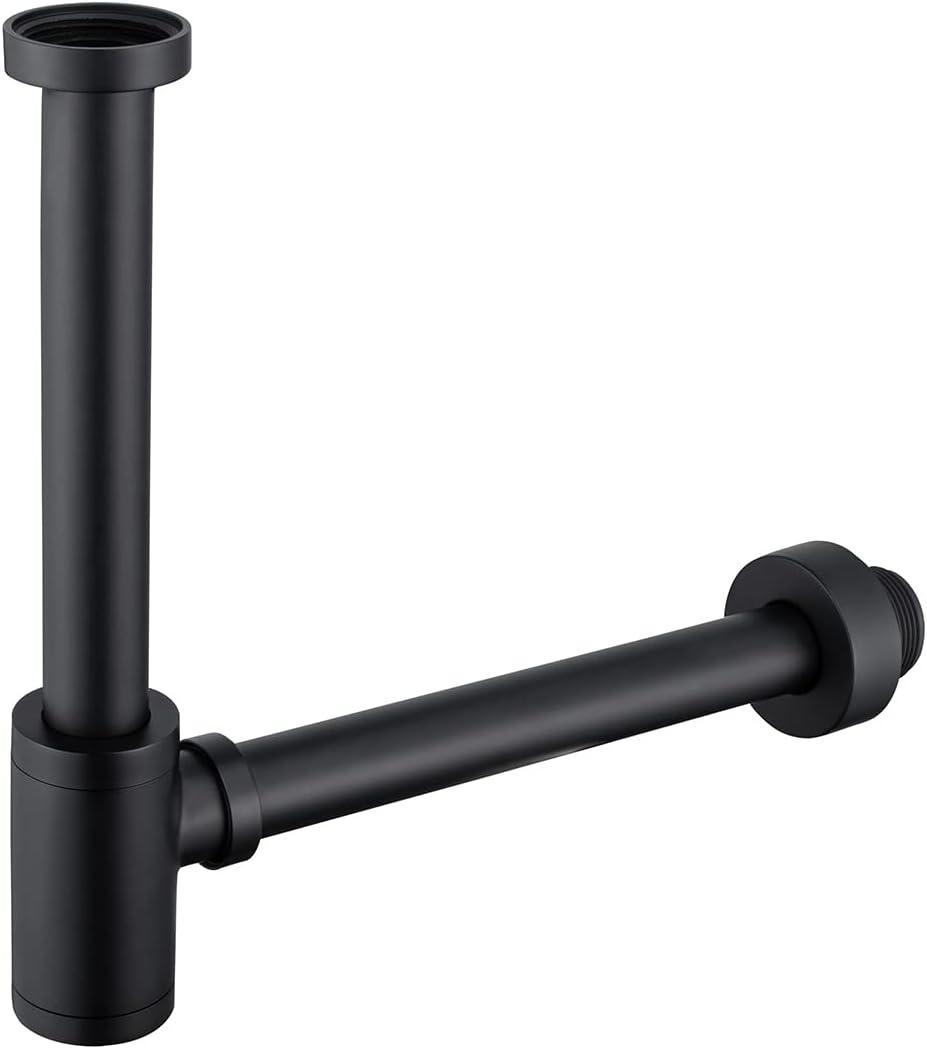 Brass Round Bottle P-Trap 1 1/4, Adjustable Basin Sink Waste Drain Trap Kit, Matte Black P Trap