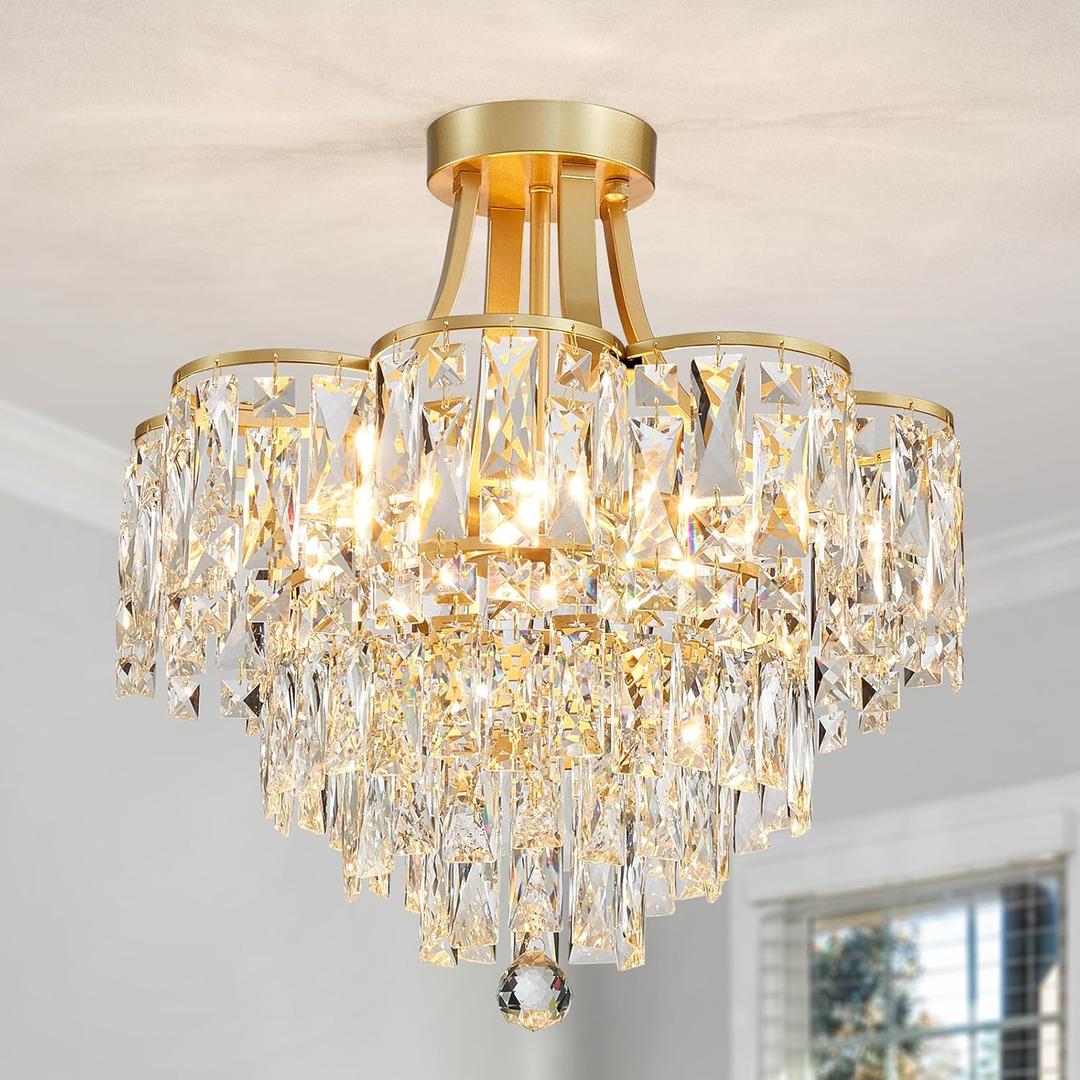 WUZUPS Crystal Chandelier Semi-Flushmount Ceiling Light Modern Lighting Fixture for Bedroom Hallway Entry Kitchen Bathroom, H 19.3" x W 18.3", E12 Base, Gold