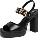NEWBELLA Women's Platform Heeled Sandals - Open Toe Ankle Strap Slingback with Block Heel & Buckle, Summer Dress Shoes for Vacation & Evening, Black 8.5